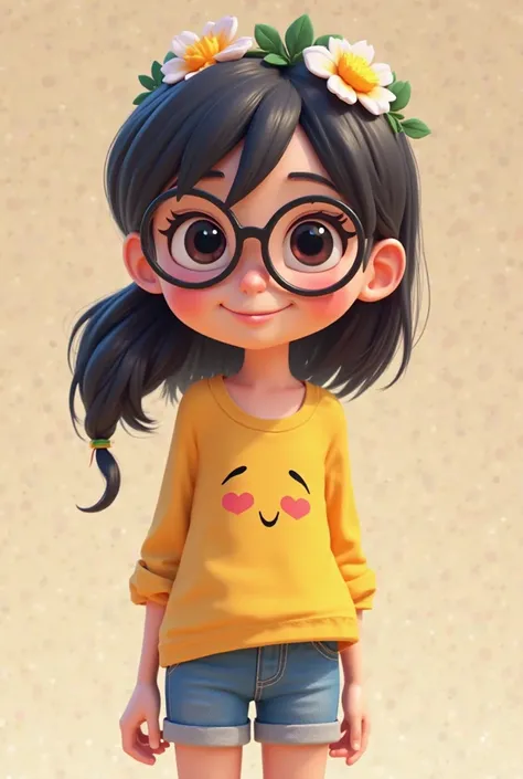 make a girl roblox
 with black hair, with a side ponytail over her shoulder, and a flower crown on her head, with glasses on her face, a yellow blouse with a cute face, and denim shorts 