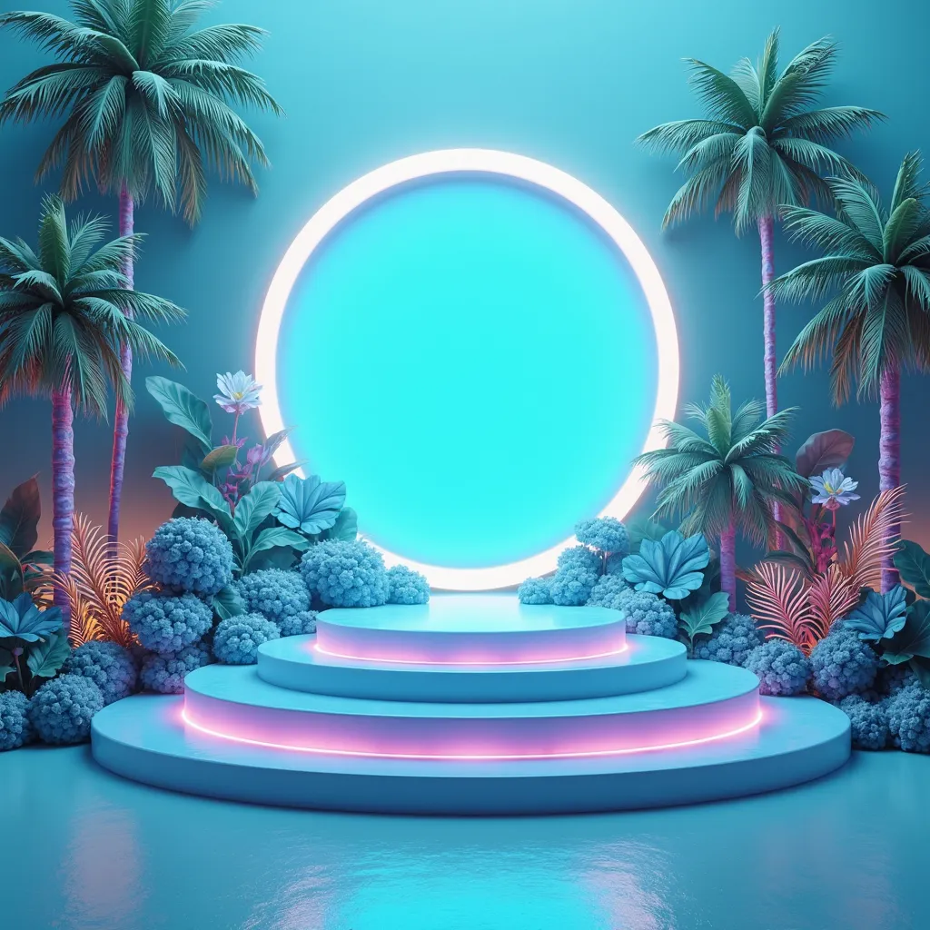 "Design a dreamy, tropical-inspired stage featuring a vibrant cyan-blue, multi-tiered podium leading up to a large circular portal. Surround the scene with stylized palm trees and lush tropical foliage, all bathed in soft blue ambient lighting. The composi...