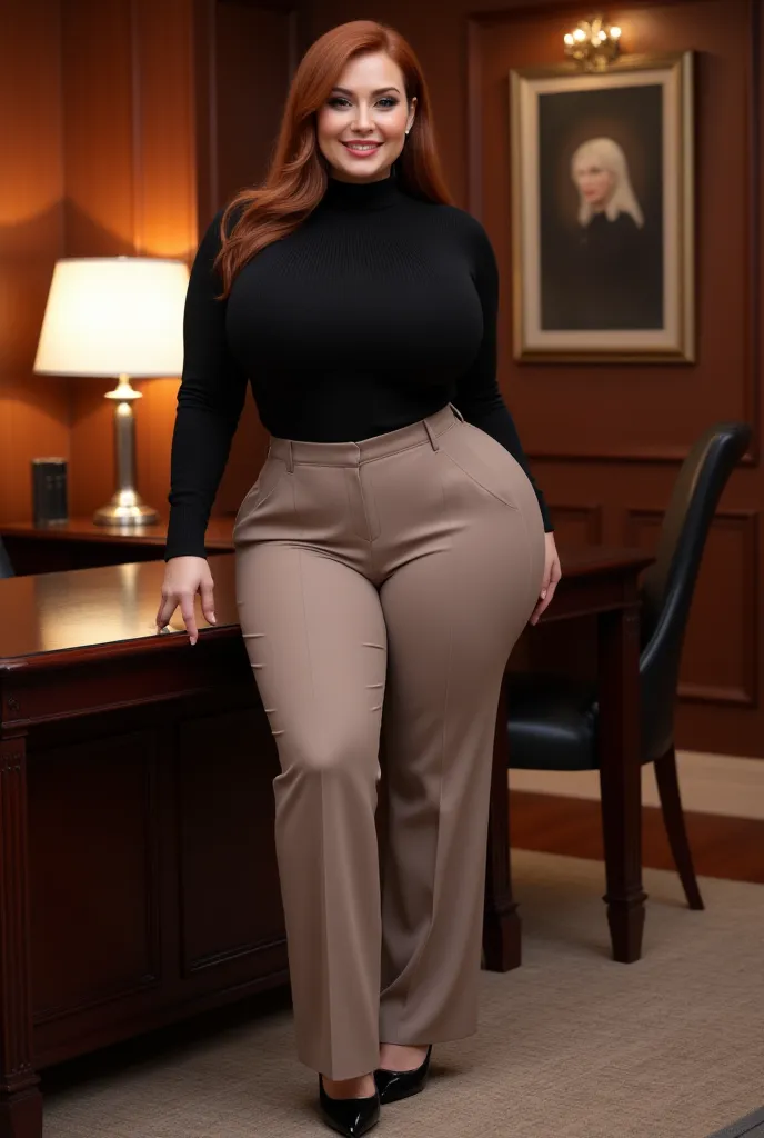 sensual executive,  mature woman 48 years old , Plus size woman, generous curves, curvilinear,  voluptuous, hourglass figure, wasp's waist  ,  wide hips, thick legs, thick butt,  big busts, wears Heidi Taupe Wide Leg Pants, Admira My Black High Neck Sweate...