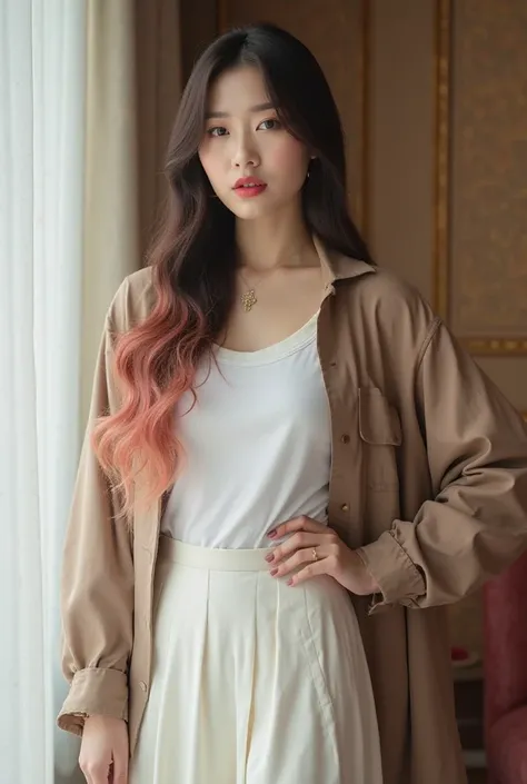 A beautiful japanese christian married woman wearing a inside a white plane tshirt over a drop shoulder brown shirt with white long slit skirt.she have golden heels.she have makeup,red lips, brown eyes, very long black with pink hair.she is a fashion model...