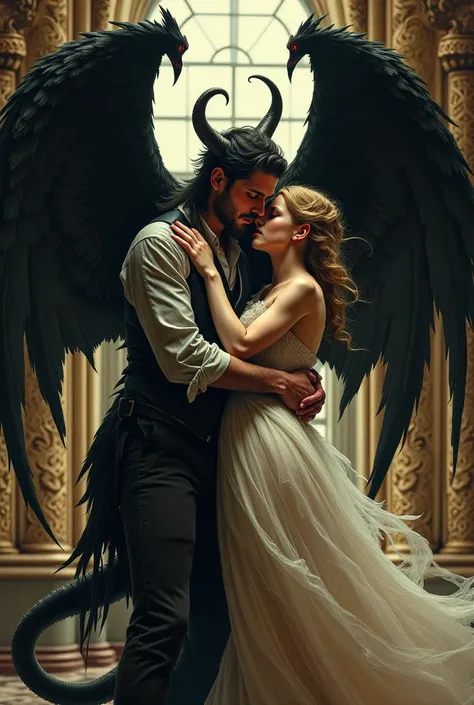 A man with red eyes and black wings consumes an angel girl like a demon and wants to take it away from them. 18th century love