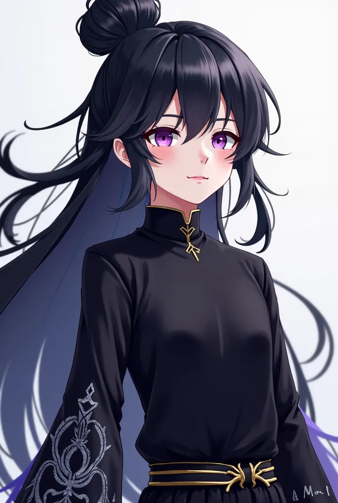 Boy. Hair: Long, flowing black hair tied in a high bun with a few loose strands framing his delicate face. Eyes: Deep, expressive purple eyes filled with emotion.
Chubby cheeks.
Natural blush on cheeks.
Body: small, lean . pale skin.
Face: strikingly hands...