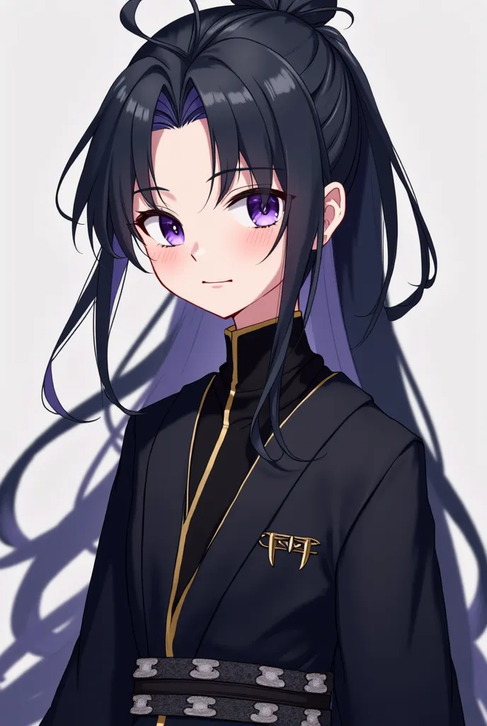 Boy. Hair: Long, flowing black hair tied in a high bun with a few loose strands framing his delicate face. Eyes: Deep, expressive purple eyes filled with emotion.
Chubby cheeks.
Natural blush on cheeks.
Body: small, lean . pale skin.
Face: strikingly hands...