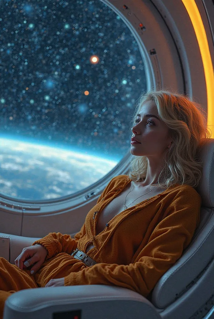 A young sexy blonde with short hair and warm clothes sits on a seat in a spaceship and the window can show beautiful stars