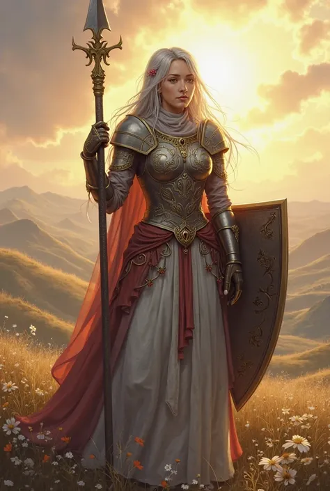 
Txt2Img
Fantasy character innocent human (no pointy ears) girl with long grey hair cleric with one-handed spear and shield. She is from knights order aligned to sun