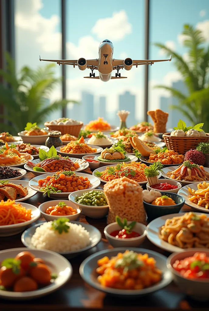 An image of international cuisine and a plane taking off in the center of them
