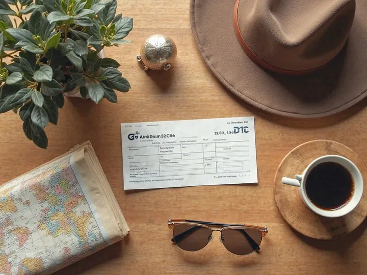 realistic photo. overhead lay flat table view. a boarding pass laying in the middle of a table. overhead view. mid century modern.  retro. travel gear. folded map. coffee.