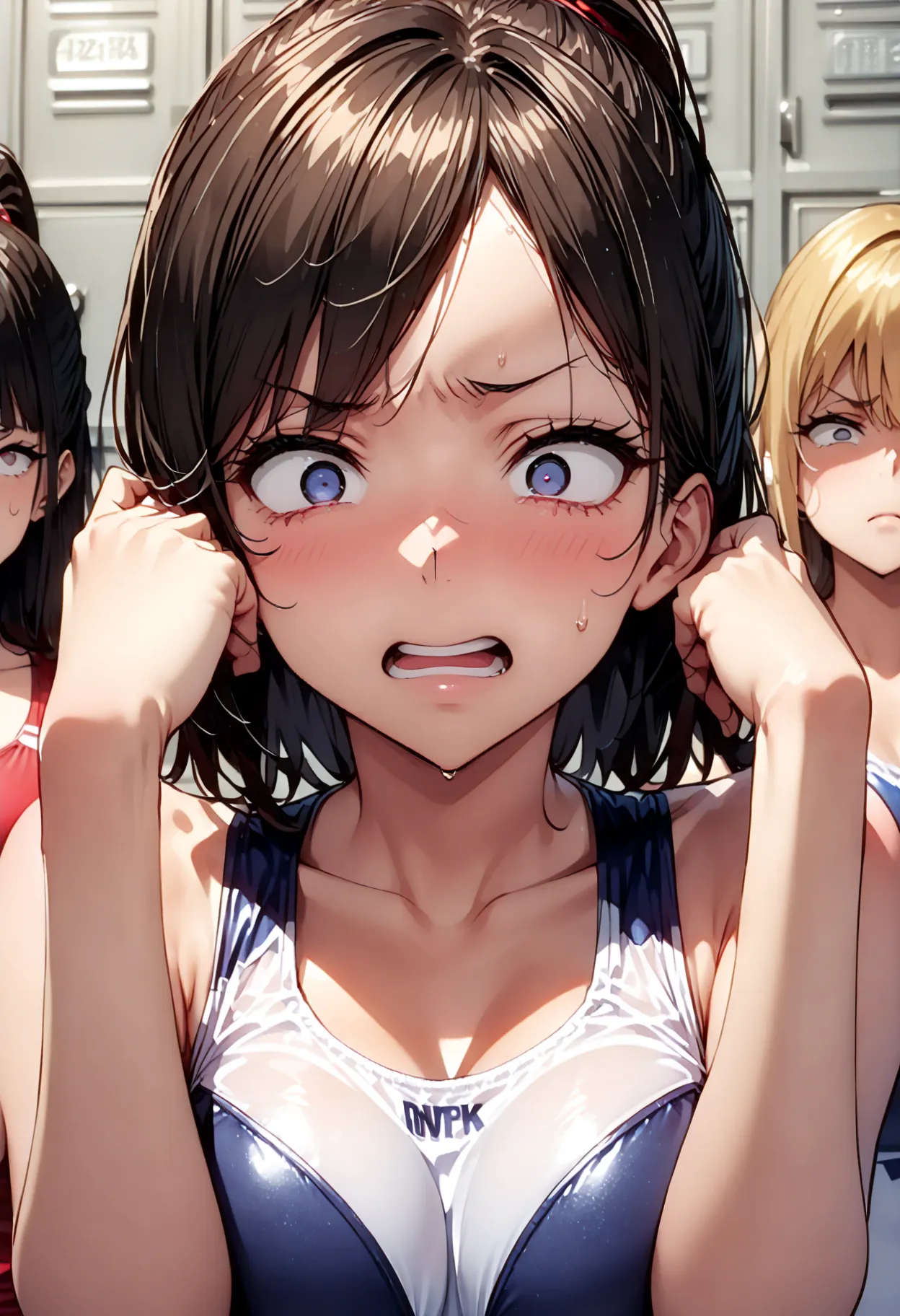 (Commemorative photo of a  girls on the left:1.4) ,  (複数の girls on the left:1.5),    ( black hair:1.4),  ponytail，  hair clips,    girls on the left,  (  One Piece Swimsuit:1.4),(Locker Room:1.4), ,,   angry face, open your mouth slightly,  pay close atten...