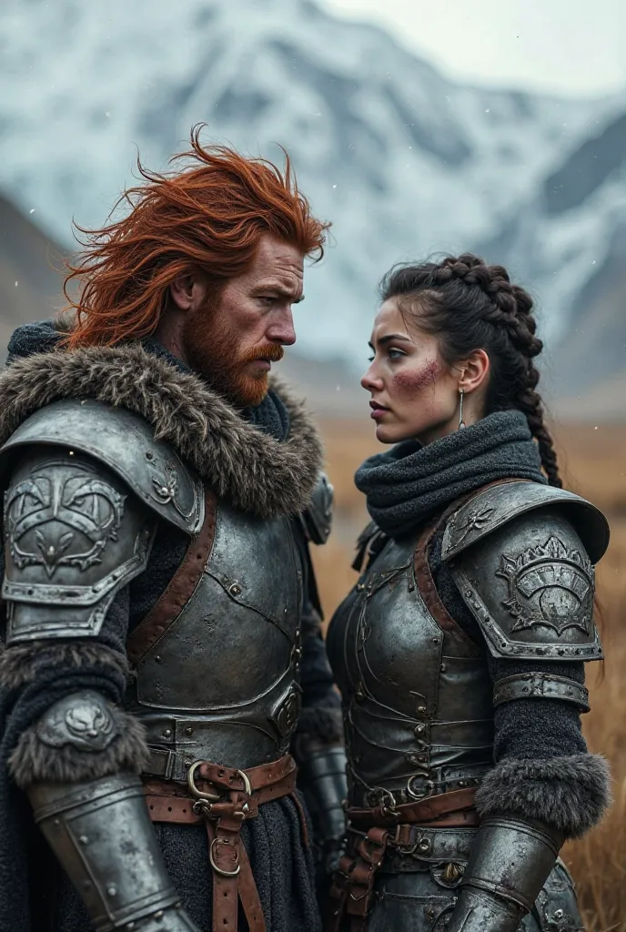 Create a pair of (Man and woman) warriors based on a fantasy world. with armor. Warriors' traits are Icelandic. They are based in Iceland. Realistic and somewhat gloomy image. 