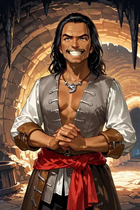 Human,  male, dark skin, black mustache, middle aged, black hair, well toned body, grey eyes, bare chest, sharktooth necklace, wearing grey vest, red sash tied around waist, grey breeches, cracking knuckles, standing outside a cave entrance,(18th century c...