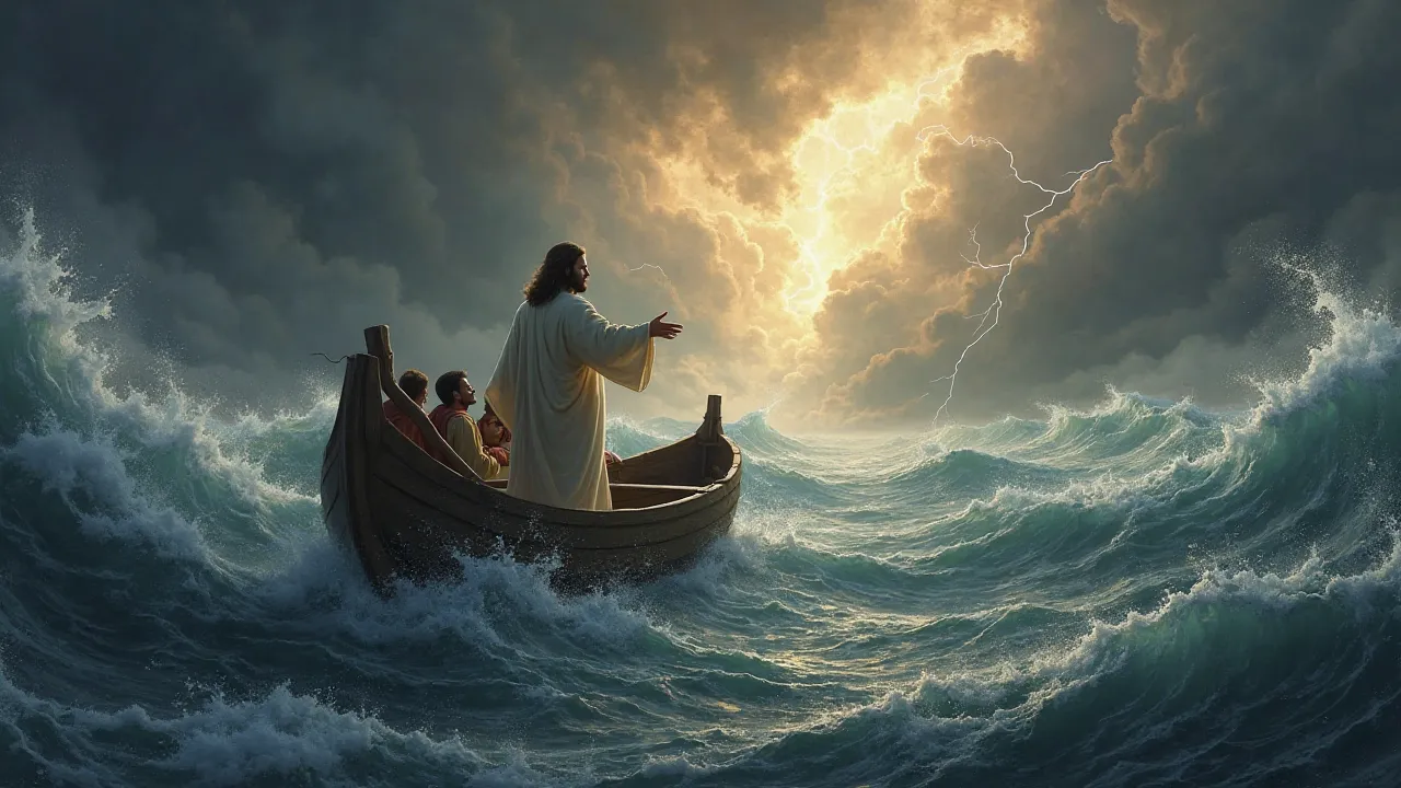 Jesus Calming the Storm – Jesus standing in a boat, raising His hand to calm the raging sea, as His disciples look on in amazement.