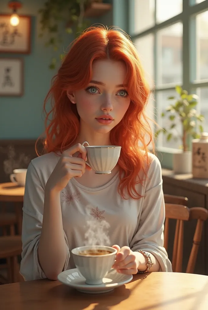 Pretty redhead with blue eyes in a cafe with tea long t-shirt