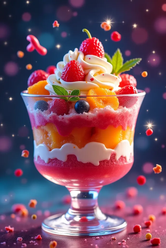 * Basics:
   * Jewel Fruit Parfait, colorful, exhaustive, Dessert
   * Flying Hamburgers, huge, Fantasy, Night Sky
   * Kaleidoscopic Candy, Abstract, Gloss, Macro
 * Add element :
   * Jewel Fruit Parfait, colorful, exhaustive, Dessert, glass vessel, Spar...