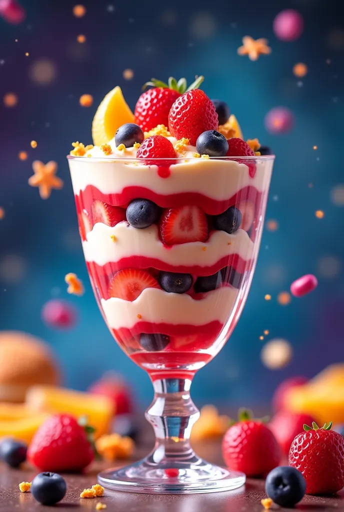 * Basics:
   * Jewel Fruit Parfait, colorful, exhaustive, Dessert
   * Flying Hamburgers, huge, Fantasy, Night Sky
   * Kaleidoscopic Candy, Abstract, Gloss, Macro
 * Add element :
   * Jewel Fruit Parfait, colorful, exhaustive, Dessert, glass vessel, Spar...