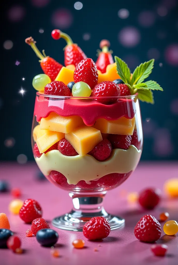 * Basics:
   * Jewel Fruit Parfait, colorful, exhaustive, Dessert
   * Flying Hamburgers, huge, Fantasy, Night Sky
   * Kaleidoscopic Candy, Abstract, Gloss, Macro
 * Add element :
   * Jewel Fruit Parfait, colorful, exhaustive, Dessert, glass vessel, Spar...