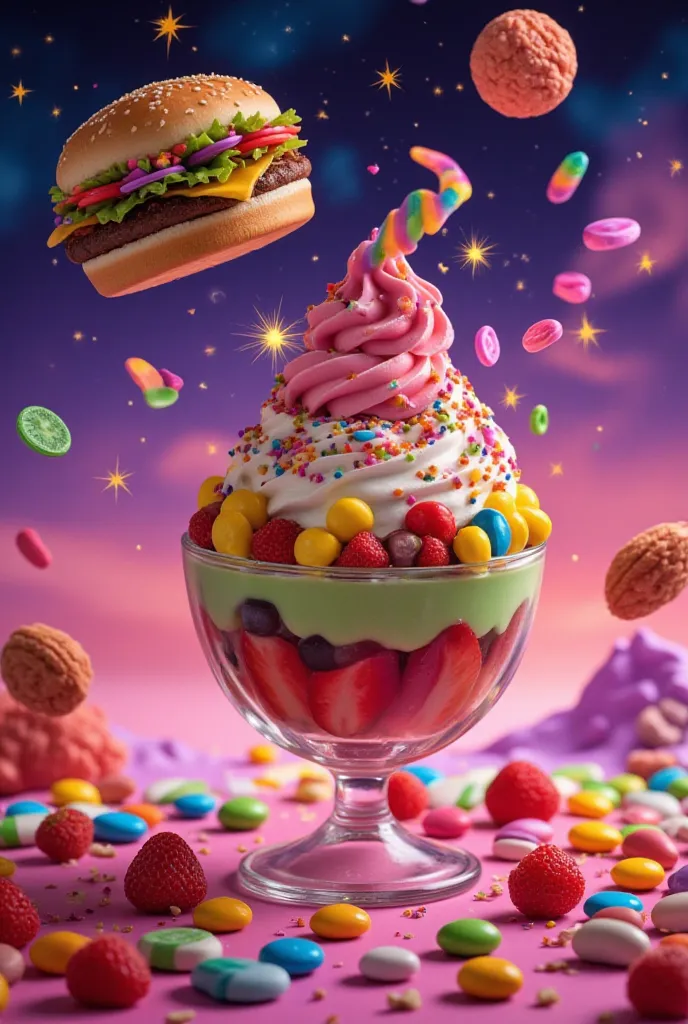 * Basics:
   * Jewel Fruit Parfait, colorful, exhaustive, Dessert
   * Flying Hamburgers, huge, Fantasy, Night Sky
   * Kaleidoscopic Candy, Abstract, Gloss, Macro
 * Add element :
   * Jewel Fruit Parfait, colorful, exhaustive, Dessert, glass vessel, Spar...