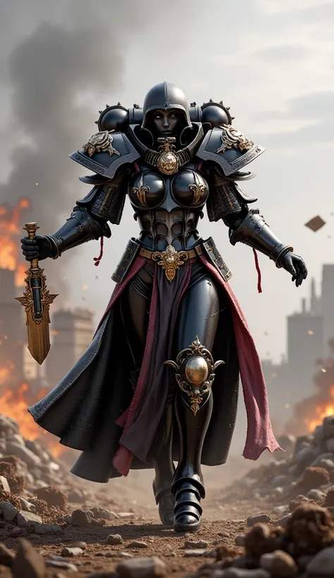 Warhammer 40k Sister of Battle Dancing solo on a battle from w40k lore in black themplar armor.