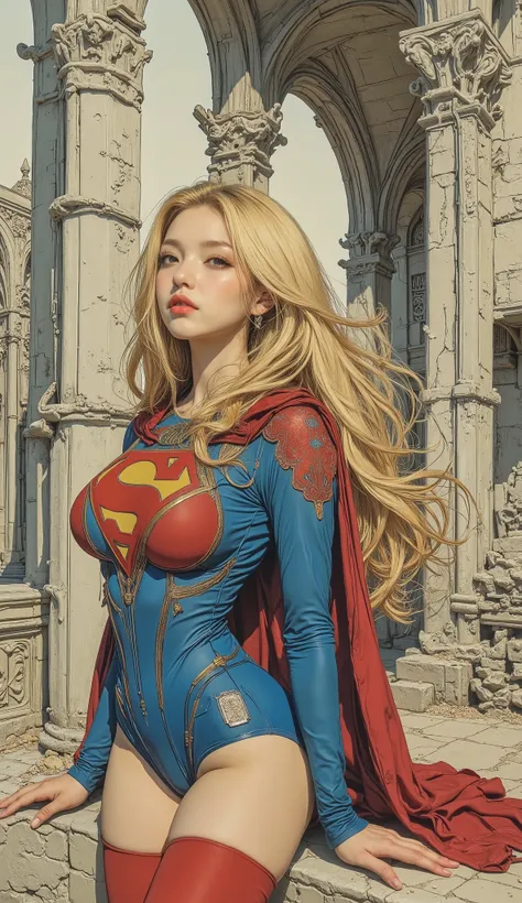 There is a picture of Supergirl, Inspired by Katsuhiro Otomo , otomo katsuhiro style, by Otomo Katsuhiro, pale and colorful architectural drawings by Yanagawa Nobumasa by Vadim Mellor , Katsuhiro Otomo style, Artist: Otomo Katsuhiro, Dynamic Guidance Art...