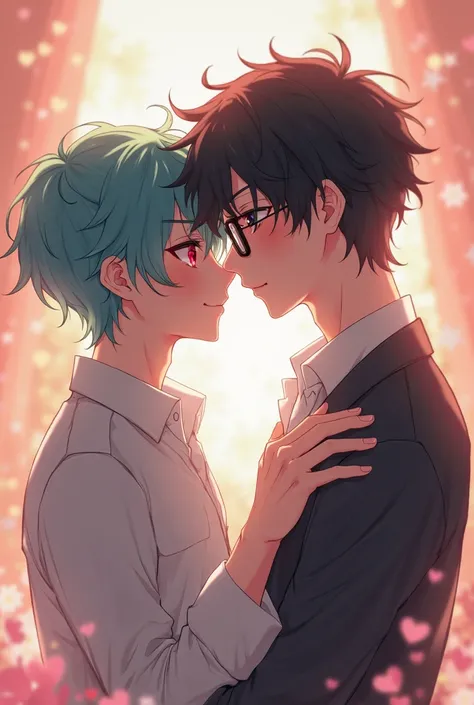 Anime guy with teal hair and pink eyes in a romantic scene with another anime guy with black fluffy hair, glasses and masculine