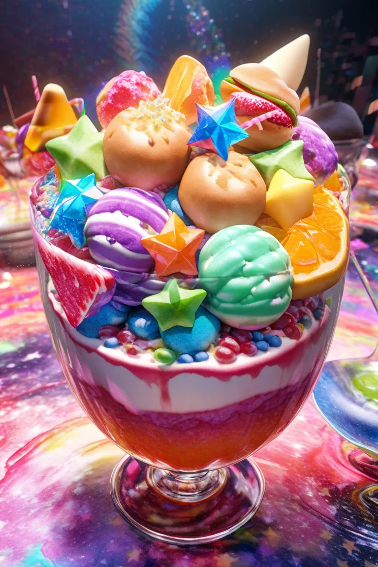 * Basics:
   * Jewel Fruit Parfait, colorful, exhaustive, Dessert
   * Flying Hamburgers, huge, Fantasy, Night Sky
   * Kaleidoscopic Candy, Abstract, Gloss, Macro
 * Add element :
   * Jewel Fruit Parfait, colorful, exhaustive, Dessert, glass vessel, Spar...