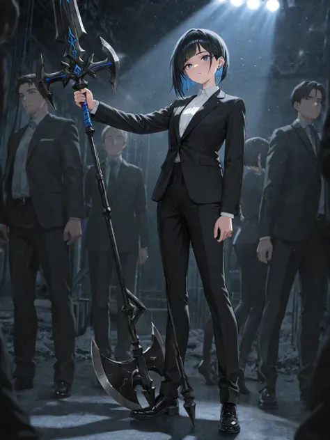 Cosply :  black hair,short bob,Boys in their s,Normal Human,excellent style,Petite, blue eyes,white shirt,blue piercing in one ear,black suit, black pants ,Black leather shoes,)Battlefield Background,I have a black halberd in my hand,1 person,  studio ligh...