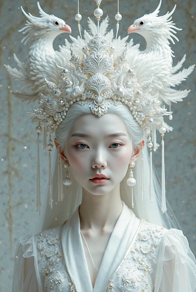 chinese headdress. white with silver danglings. two phoenixes on both sides