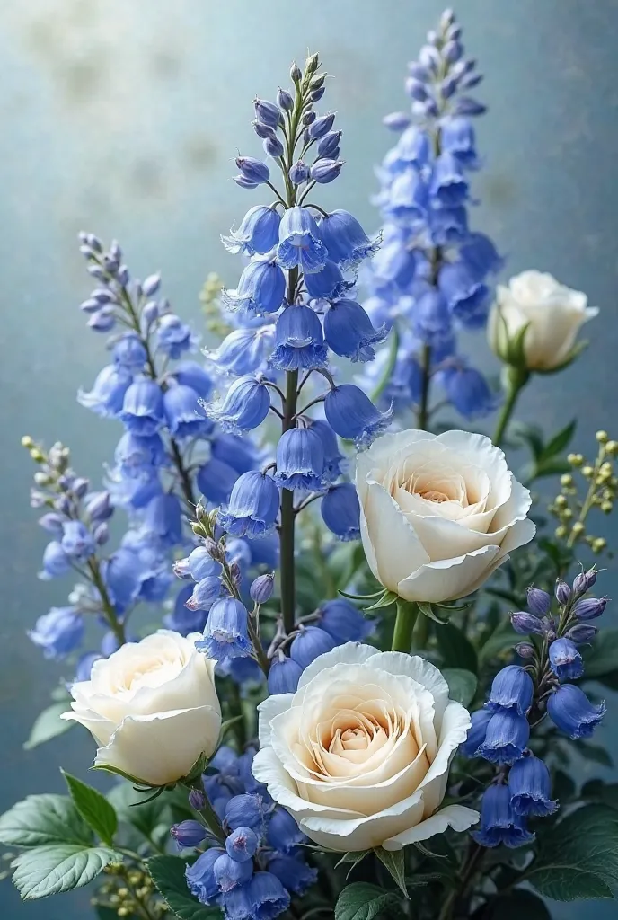 Bouquet of bluebells and white roses 