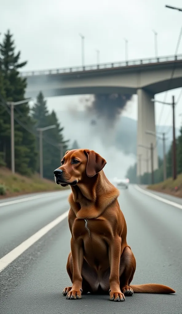 A dramatic and intense scene unfolds as a large bridge in the distance begins to collapse, sending debris and dust cascading onto the road below. Amidst the chaos, a brown Labrador sits calmly on the road in the foreground, looking slightly to the side, se...