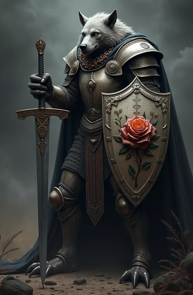 werewolf in knight armor holding a shield engraved with a rose and is his hand a sword 