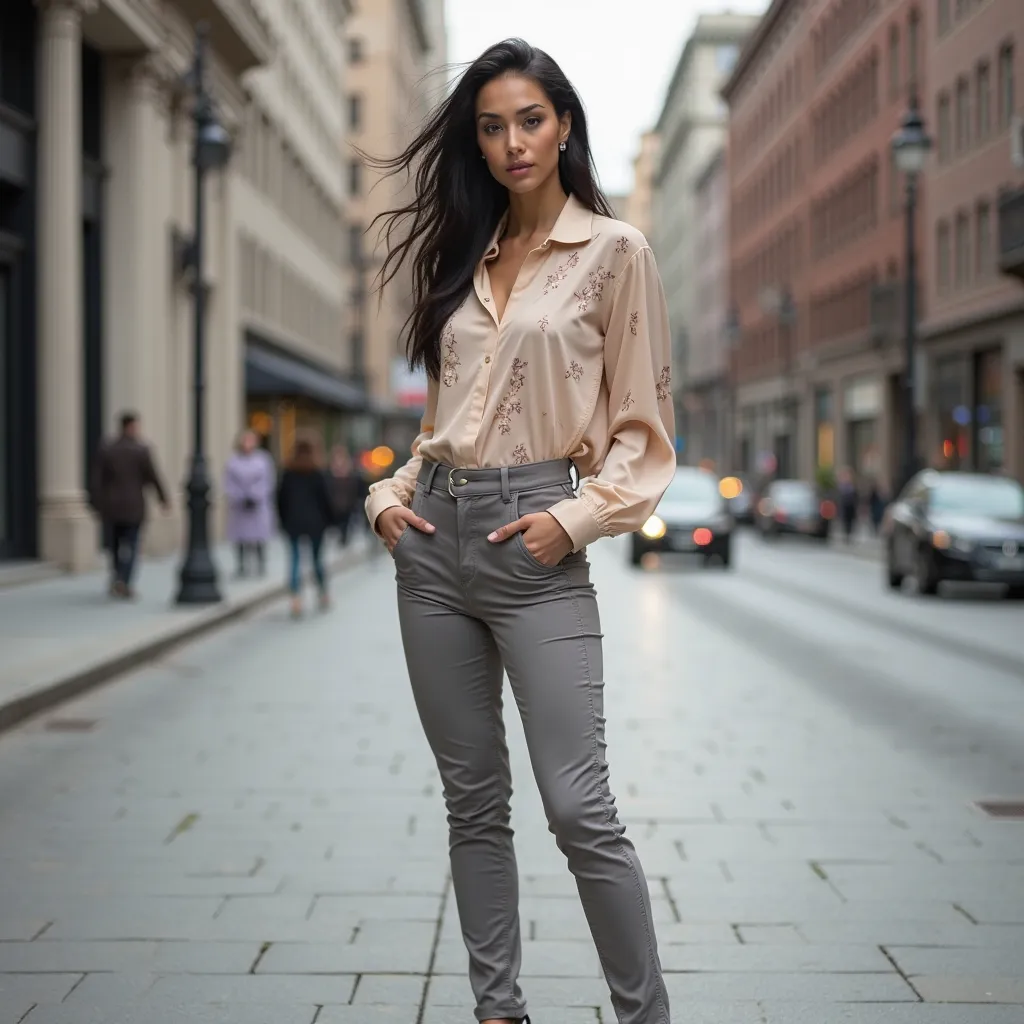 Beautiful woman (light skin)  , Dressed in tight grey trousers and Heeled ankle boots and a beautiful beige blouse, poses on the road.