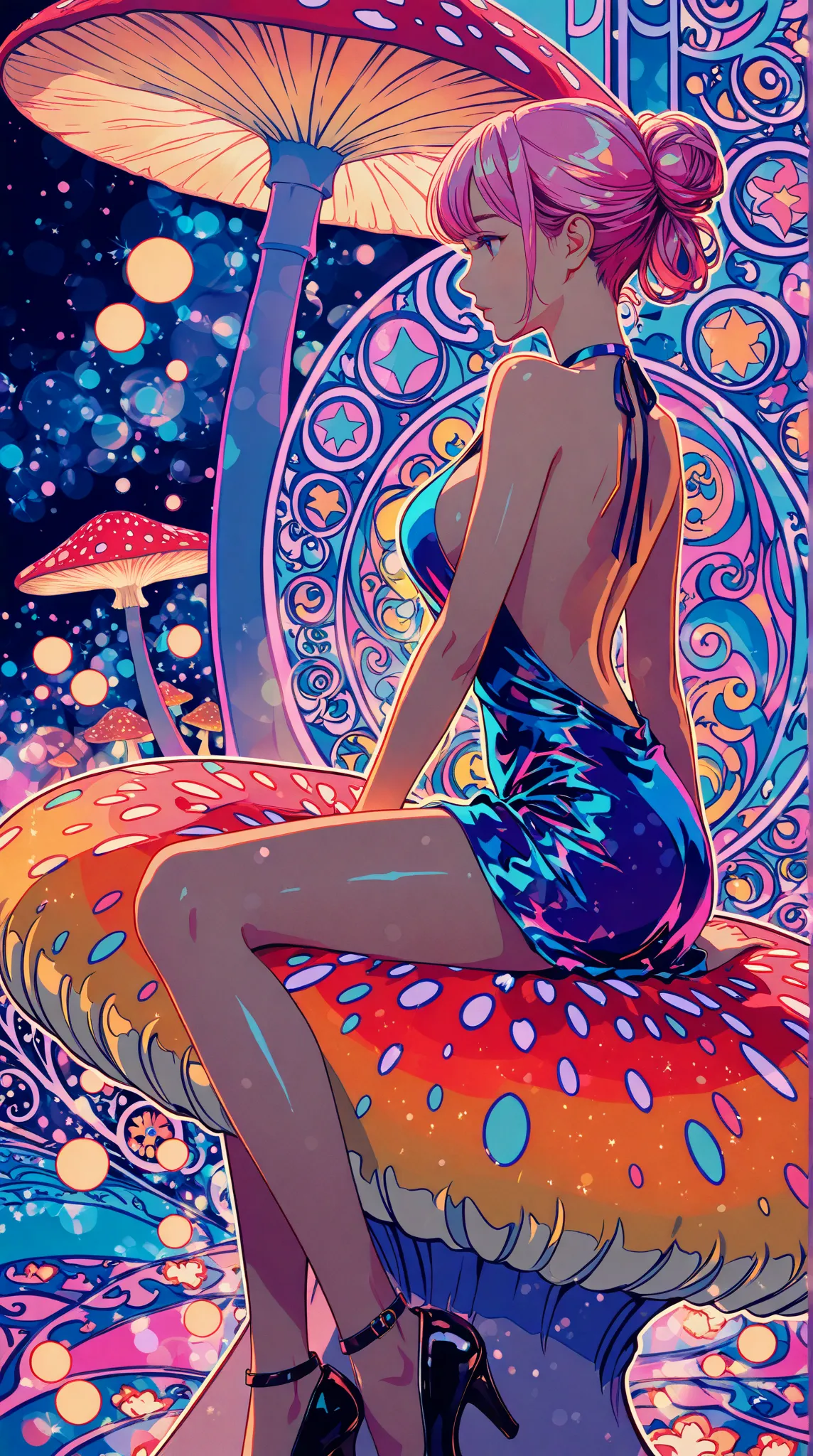 1girl,beautiful 18 year old girl,pink hair in a bun,bare shoulders,sitting on a giant mushroom,elegant,chic,modern,fashionable,muted colors,soft lighting,art nouveau,psychedelic anime style,colorful,trippy,vivid colors,bokeh, big breasts, sideboob, shiny s...