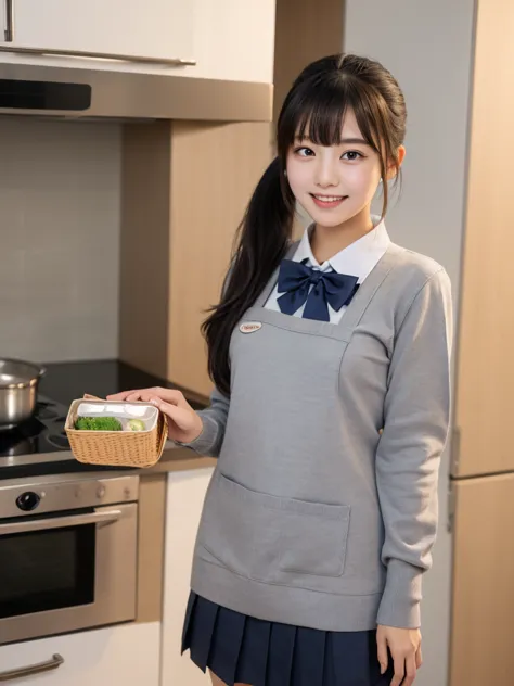 masterpiece,best quality,4k,zoom up body,detailed teeth,beautiful Japanese 16-18Years-old school girl standing,in house kitchen,holding a Japanese lunchbox,(plastic lunch box is designed in a square shape),school uniform,apron,black hair,bangs,ponytail,(gr...