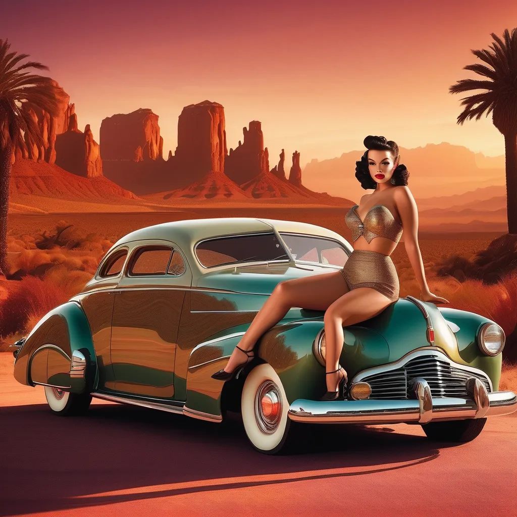 Beautiful World War 40s Pinup, complicated details, super realistic,  Vargas , Retro Futuristic Background,  DYNAMIC POSE,Retro American　 sports car