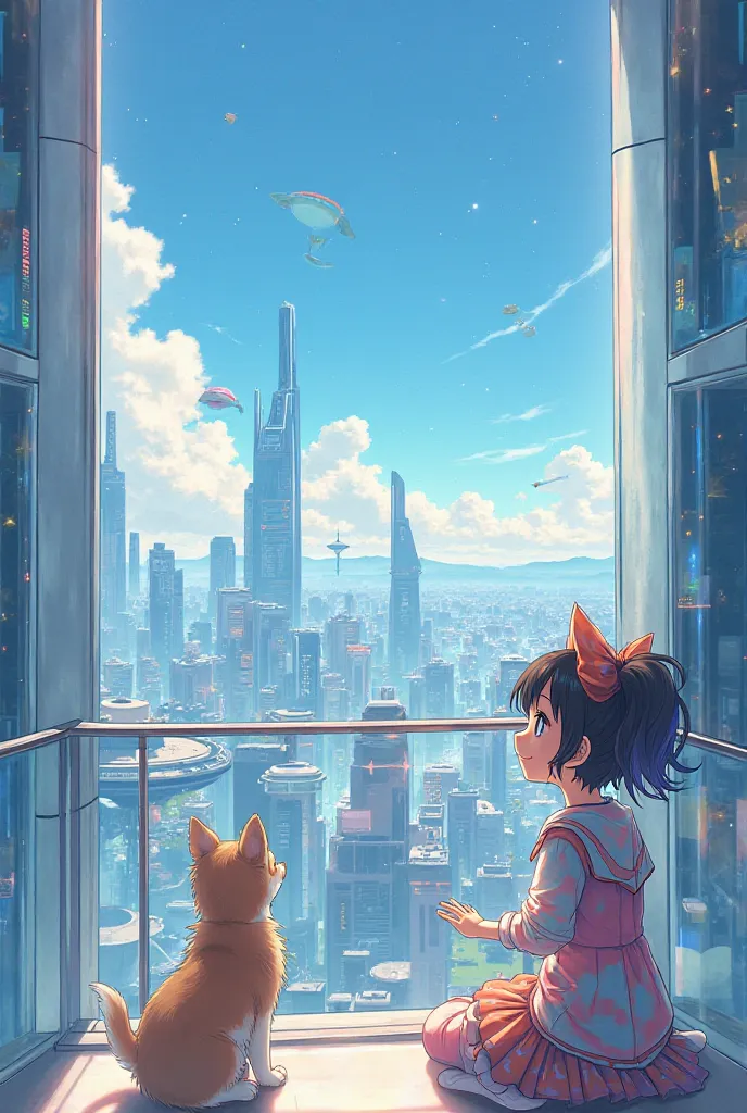 A cute anime girl in the high building balcony view with a dog 
-like  future 