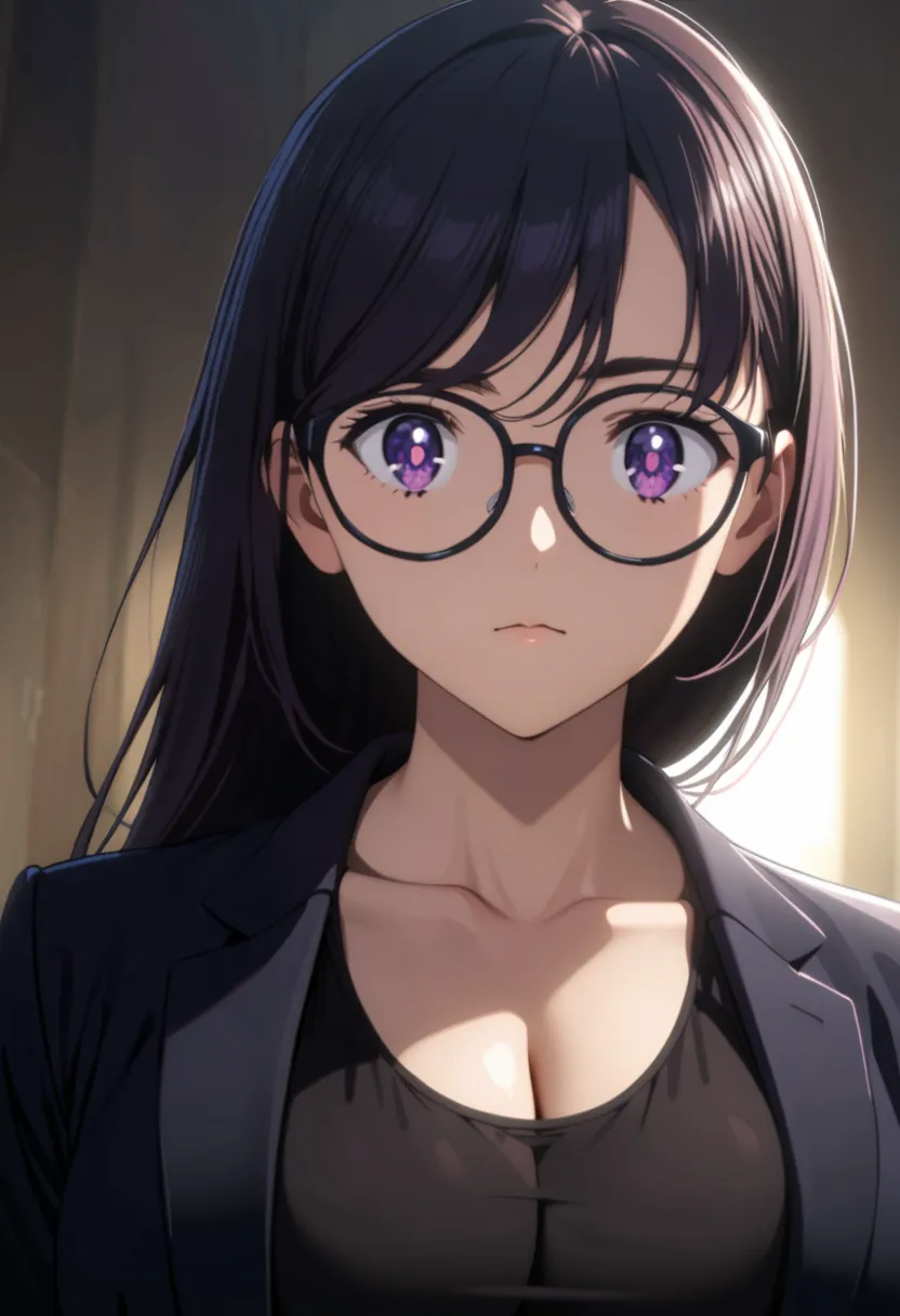 Hizuru Minakata, 1girl, black hair, shiny and well-defined hair strands, purple eyes, detailed reflective eyes, shining eyes, perfect facial symmetry, radiant skin glow, beautiful breasts, wearing a black jacket, black tank top, black trousers, suit, glass...