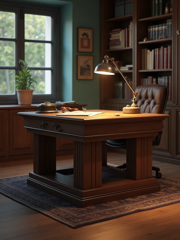 wooden table in a detective office room in three-dimensional shape in perspective, staggered at different heights, photorealistic,  detailed, HDR, UHD,  vivid colors, studio lighting,  Physically based representation , conceptual art, digital illustration