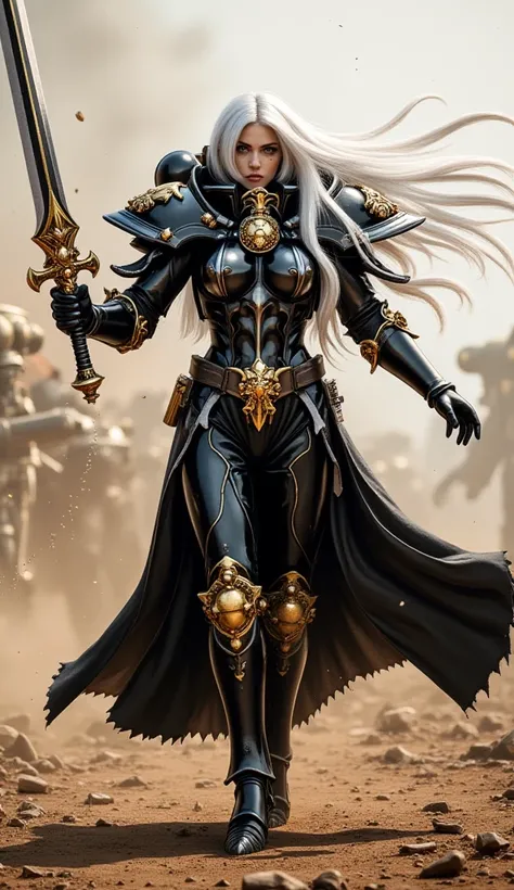 Warhammer 40k Sister of Battle Dancing solo on a battle from w40k lore in black themplar armor. The character has long black-white hair.