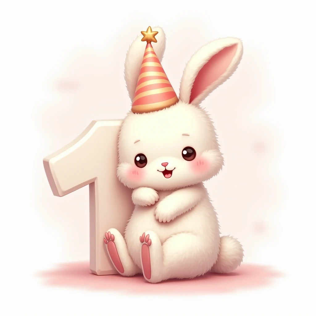 "Adorable Birthday-themed illustration featuring a cute bunny is leaning against a pink pastel gradient letter '1.' The bunny leaning sit down, wear birthday hat. Highly detailed on white background."