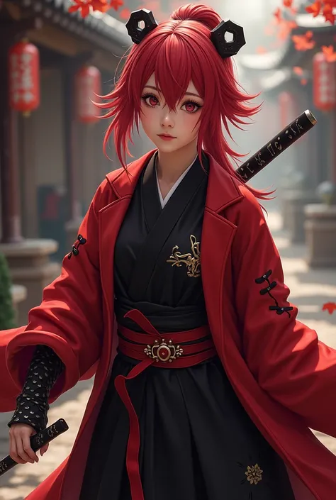 Clothes: crimson red and black.  style: ninja Weapon: katana. Band:  by Konoha . character: happy. Invocation: Zorros. Age:   .
I want crimson red hair. that doesn't have mustache marks or clouds on my clothes