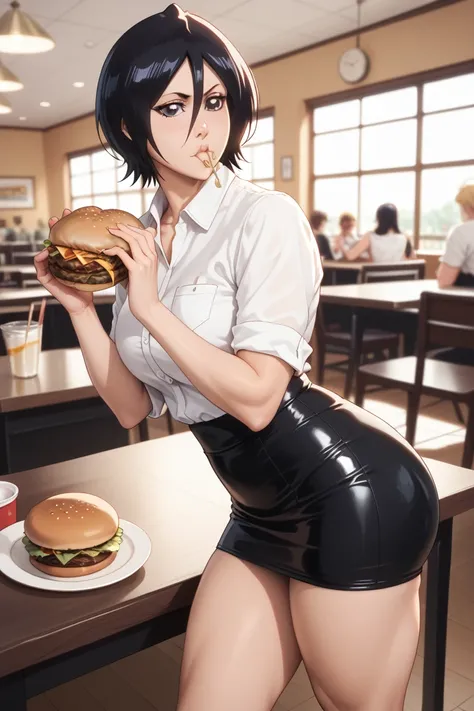 anime, bleach, Rukia ,, wide hips, big ass, nice thighs ,High resolution,  Masterpiece ,  in detail, bottom view, white shirt, tight skirt, pink briefs , black hair, ,  eats a hamburger ,