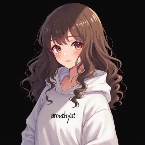 Girl anime, long brown curly hair, white hoodie, black background, with a text "Amethyst" in her hoodie
