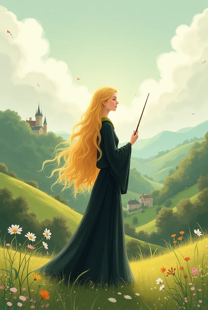 1 girl,luna lovegood,  England,illustrations, she is wearing a black robe,holding a magic wand,Highest quality, hair, 金hair,  England,Fantasy, watercolor