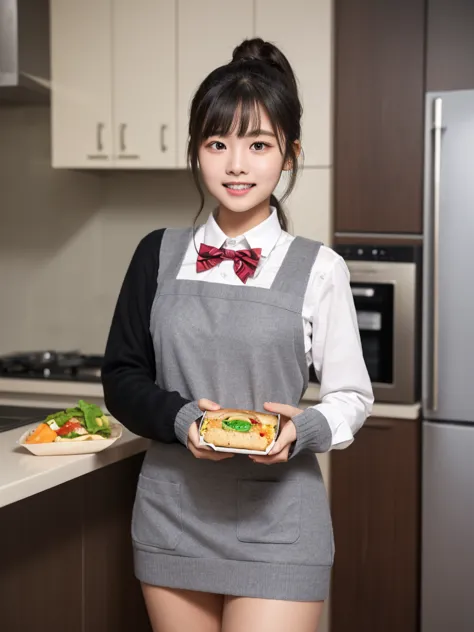 masterpiece,best quality,4k,zoom up body,detailed teeth,beautiful Japanese 16-18Years-old school girl standing,in house kitchen,holding a Japanese lunchbox,(plastic lunch box is designed in a square shape),school uniform,apron,black hair,bangs,ponytail,(gr...