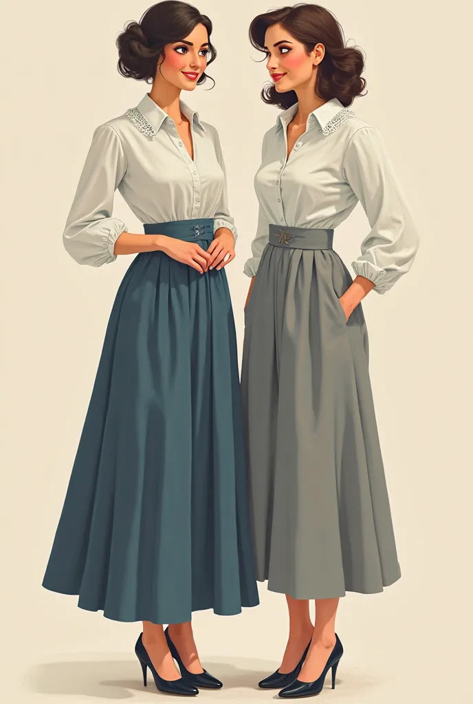  two tall smiling young white women wearing gray and light blue floor length Gibson Girl style business skirts, long sleeve white blouses, heels.