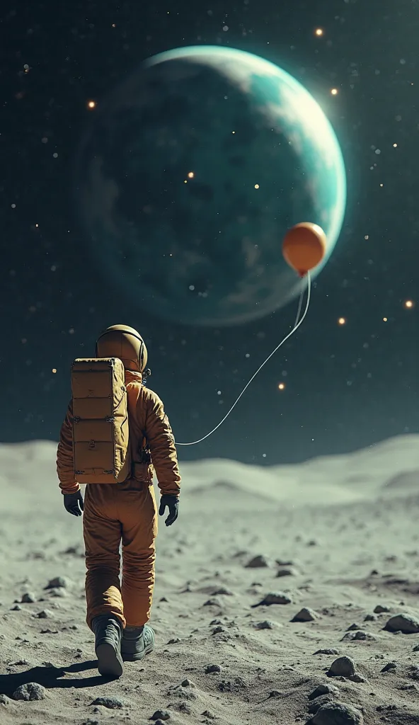 astronaut in a brown suit walking on the moon holding balloons with planet Earth in the background in the upper right part illuminated by small luminous spots