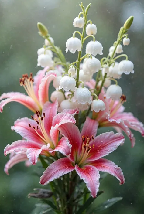 Bouquet of white bluebells and pink lilies