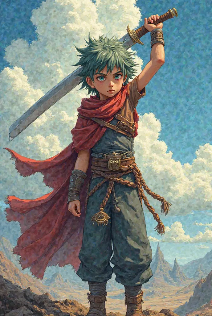 A  aged boy standing with a sword showing his powerful aura in anime version 
