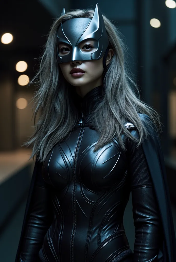  Batgirl from The Masked Woman,　woman、metal、Silver、full body，metalタイツ，long hair，Gray Hair