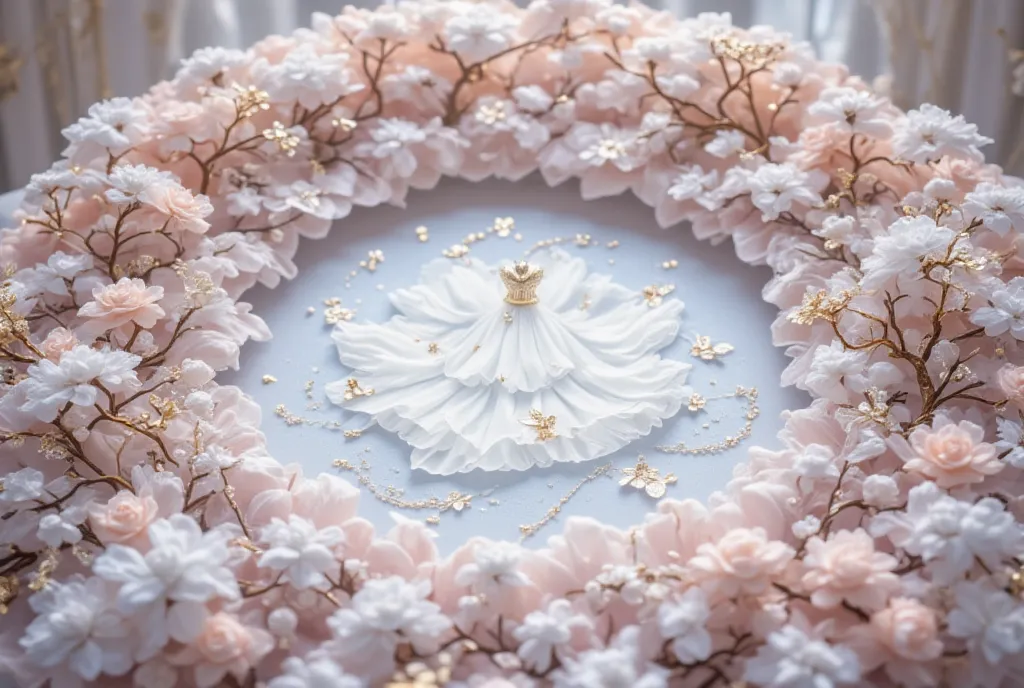 ((background only)),Overhead shot,(((masterpiece))), (((Highest quality))), ((Super Detail)), ((非常にdelicateで美しい)), (最高masterpiece:1.4),delicate,pink,８ｋ,((Arrange the aligned ruffles :1.5)), lots of cotton , fairy tale,ribbons, pearl decoration , glitter de...