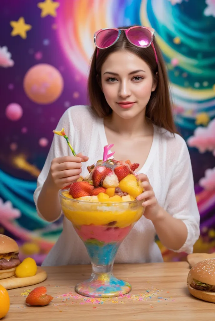 * Basics:
   * Jewel Fruit Parfait, colorful, exhaustive, Dessert
   * Flying Hamburgers, huge, Fantasy, Night Sky
   * Kaleidoscopic Candy, Abstract, Gloss, Macro
 * Add element :
   * Jewel Fruit Parfait, colorful, exhaustive, Dessert, glass vessel, Spar...